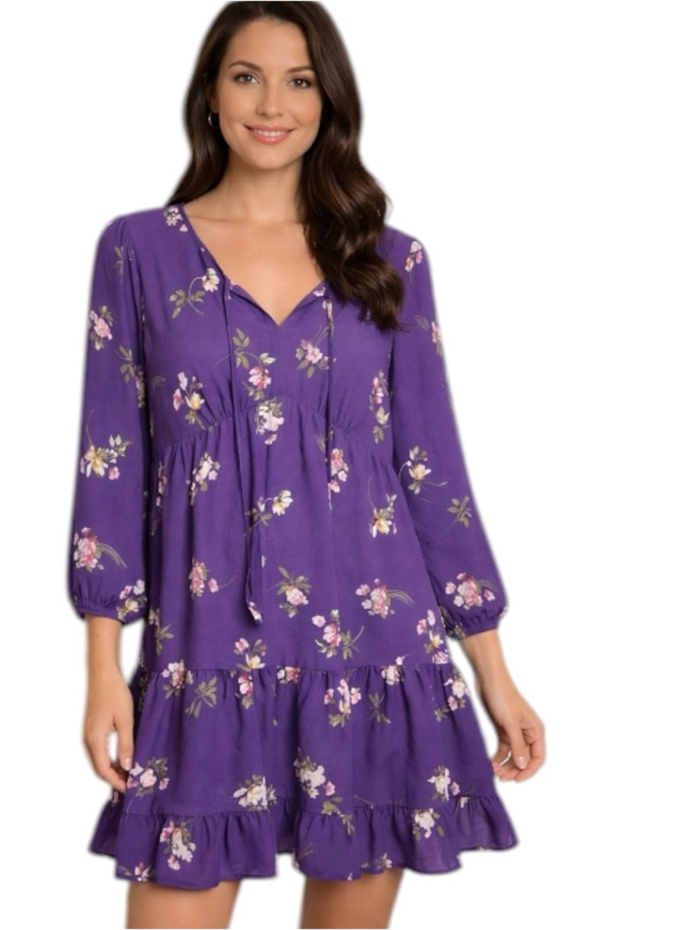 Collective Concepts Purple Floral Boho Dress Size M Long Sleeve Ruffle Hem